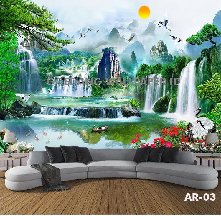 JASA CETAK Wallpaper Stiker Dinding Vinyl Custom 3D Motif Pemandangan AIR Terjun Indah Waterfall, Wallpaper Dinding 3D Custom Kamar,Ruang Tamu Motif Air Terjun 2
