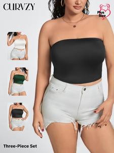 CURVZY Plus Size Solid Crop Tube Top, Casual Sleeveless Cropped Top for Summer, Women's Clothing for Daily Wear