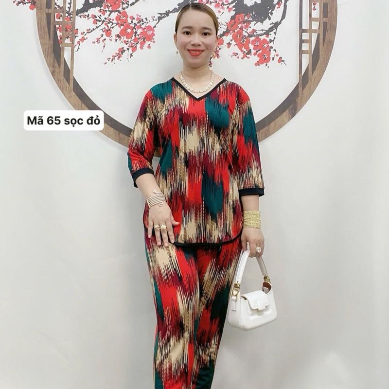 Mã 65 Đồ bộ trung niên thun Aty tay lỡ cổ tim lai bầu sẻ Nữ Women Size 47kg - 100kg Xưởng Lan Béo - Áo, Top Nhung