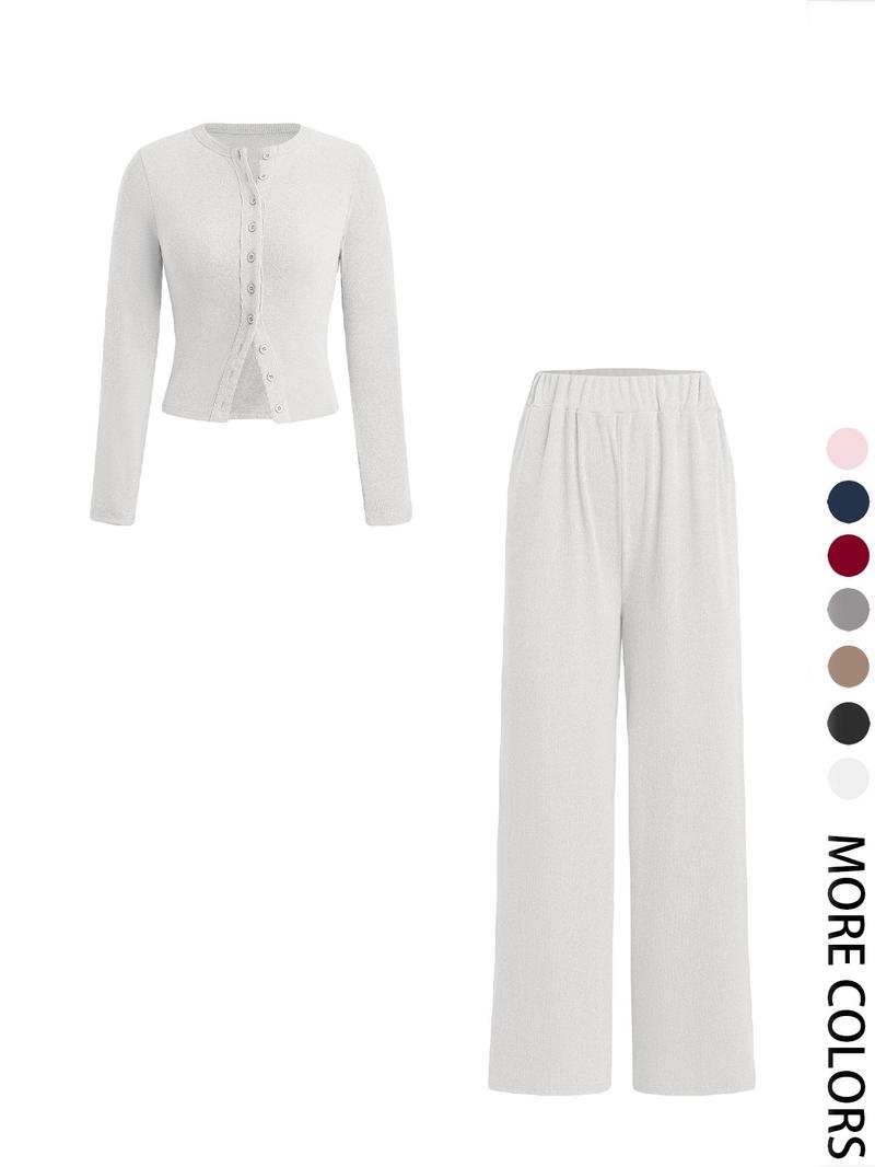 Product Introduction of Two-piece Set Women's Solid Button Front Ribbed Crop Top & Elastic Waist Pants, Casual Long Sleeve Round Neck Top & Trousers 2 Piece Set for Spring & Fall, Women's Clothes for Daily Wear, Sassyandclassyclothing 9