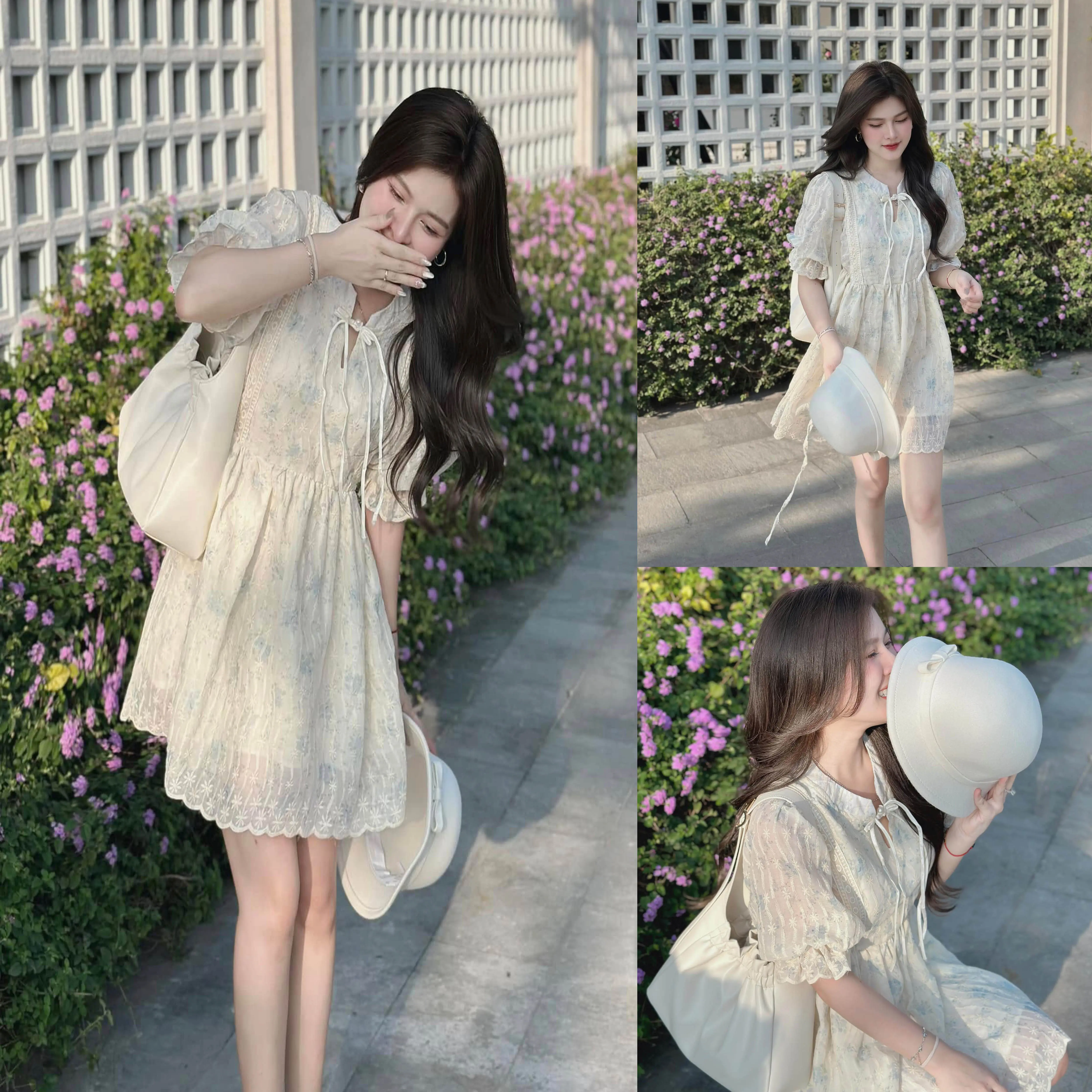 Váy Xanh Ren Hoa Nổi 2 Lớp Cổ V Thắt Nơ Thanh Lịch Đầm Nữ Đi Chơi Dạo Phố Thiết Kế Thời Trang News TTN244