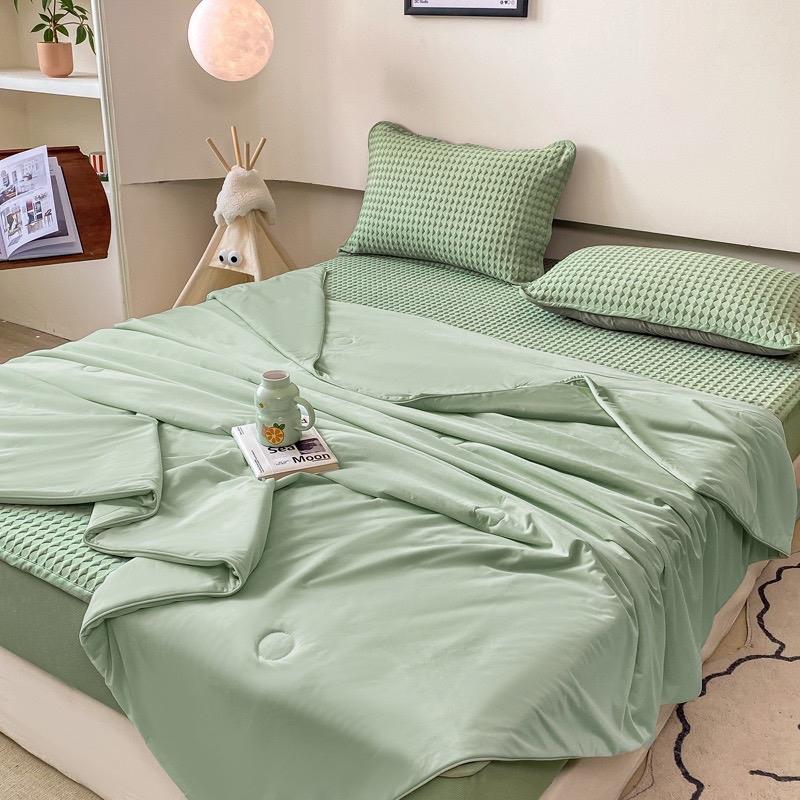 Product Introduction of Chiếu điều hoà kèm chăn thun lạnh. Sét 4 món gồm: 2 vỏ gối đầu, 1 chiếu điều hoà bọc đệm, 1 chăn thun lạnh 2mx2m3 24