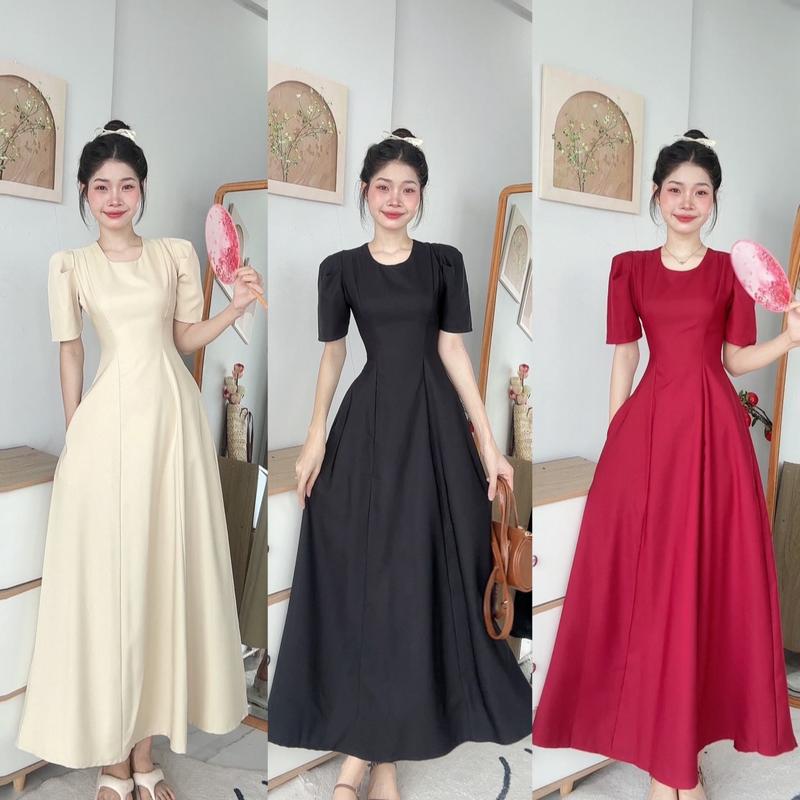 Đầm Dài Basic Cổ Tròn Tay Bồng Thiết Kế Nhiều Mảnh Tôn Dáng Nary Clothing váy  tiệc Women Dress Cotton Kem Hồng