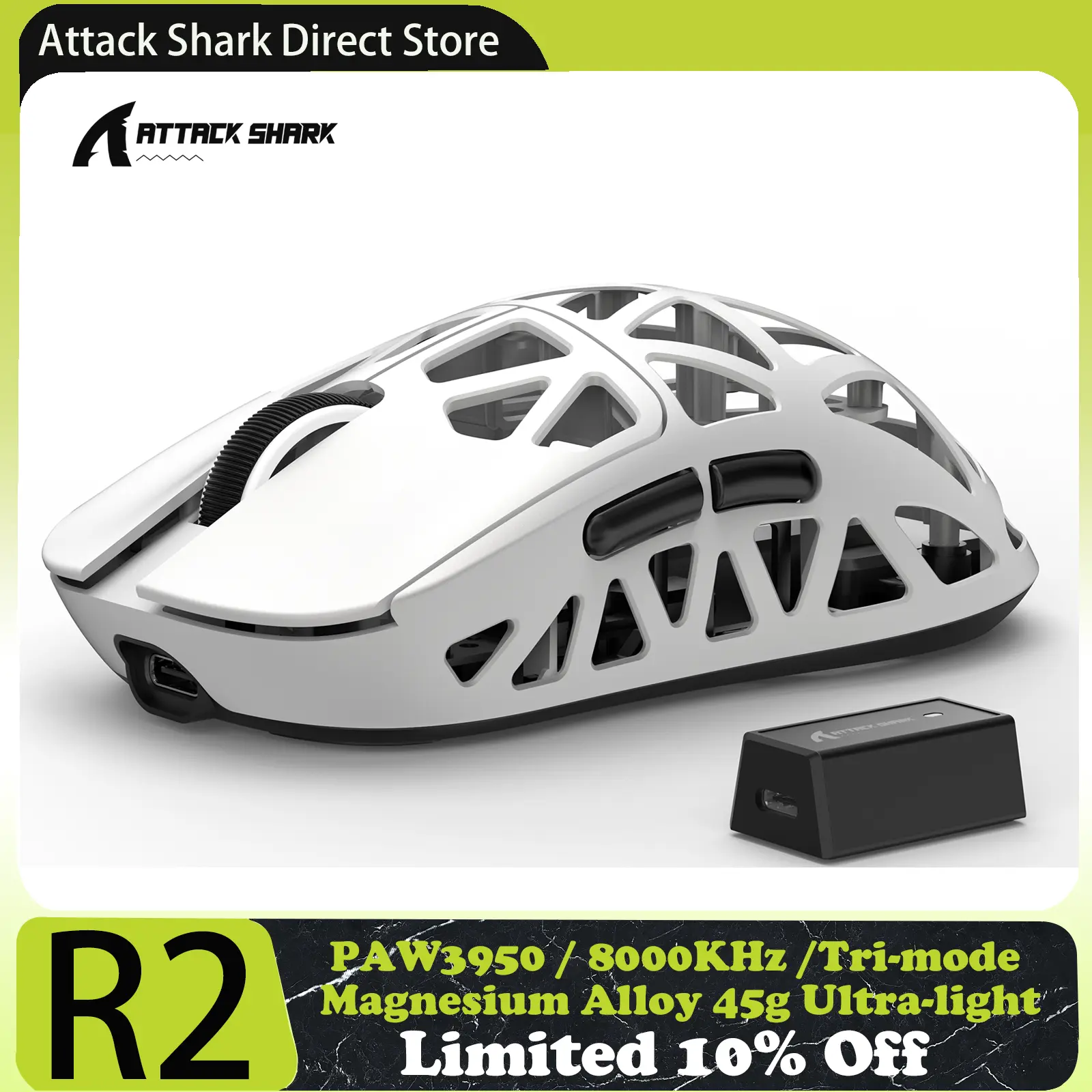 Attack Shark R2 Magnesium Alloy PAW3950 Gaming Mouse, Tri-mode, 8000hz, 42000 DPI, 45g Ultralight, Omron Optical Microswitches