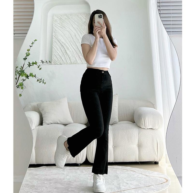 Quần Jean Skinny Ống Loe 9 Tấc Đen (Dài 88cm) Denim Nữ Leda Nấm Lùn Quần Bò Ống Loe Lai Cắt