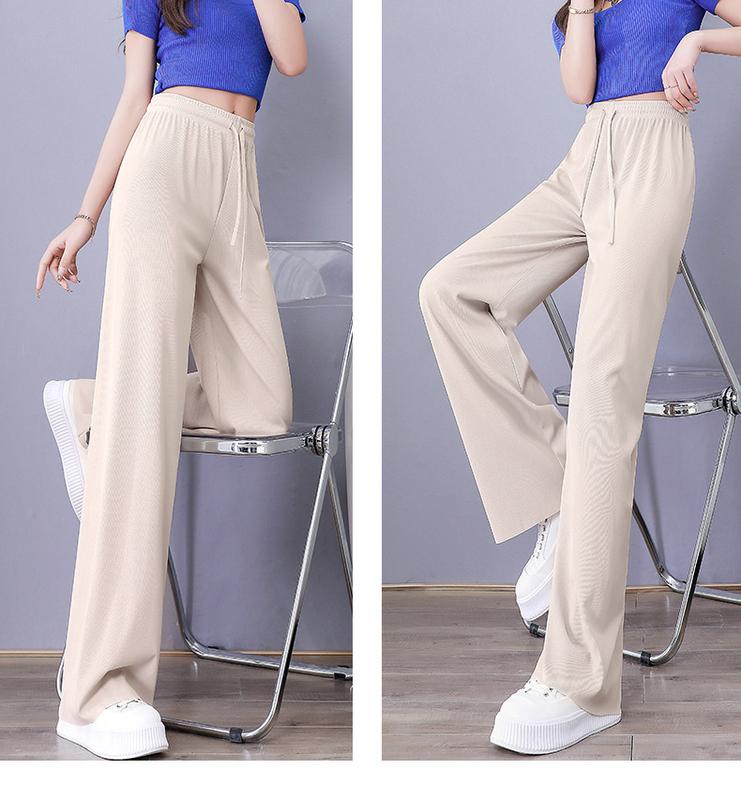 Product Introduction of Ice Silk Wide-Leg Pants Women's 2024 Summer Thin High Waist Drooping Slim Anti-Mosquito Casual Loose Straight Mop Trouser Womenswear Bottom Lingerie 19