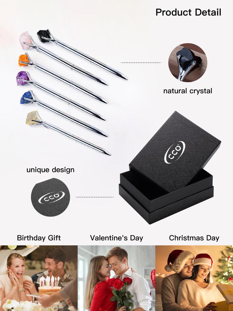 Product Introduction of Natural Crystal Decor Ballpoint Pen Set, Creative Metal Ballpoint Pen, Writing Pen for Students, Gift for Friends, Office Accessories 2