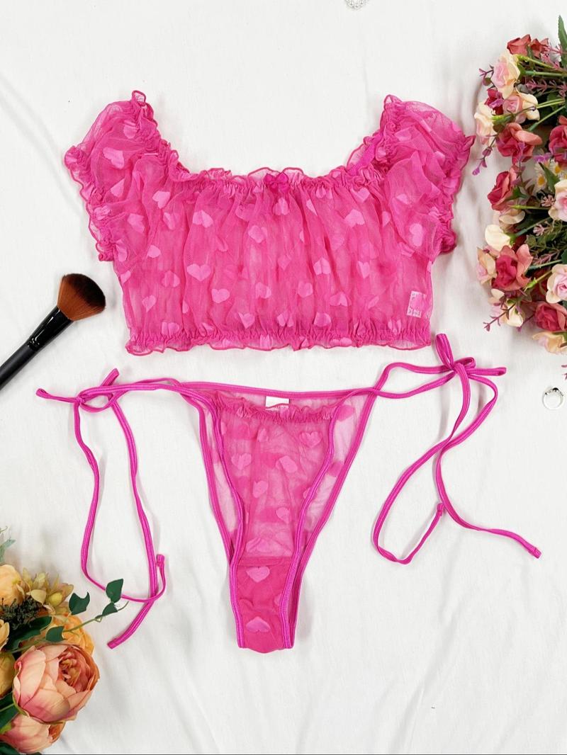 Product Introduction of Women's Heart Print Contrast Mesh Ruffle Trim Top & Thong Set, Sexy Swim Top & Cheeky Bottoms Set, Lingerie Set for Women 5
