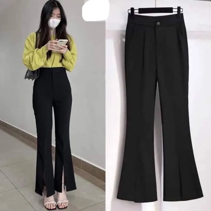 QUẦN ỐNG LOE XẺ GẤU TRƯỚC CẠP CAO TÔN DÁNG MÀU ĐEN  Nữ Pants Đen Women 0