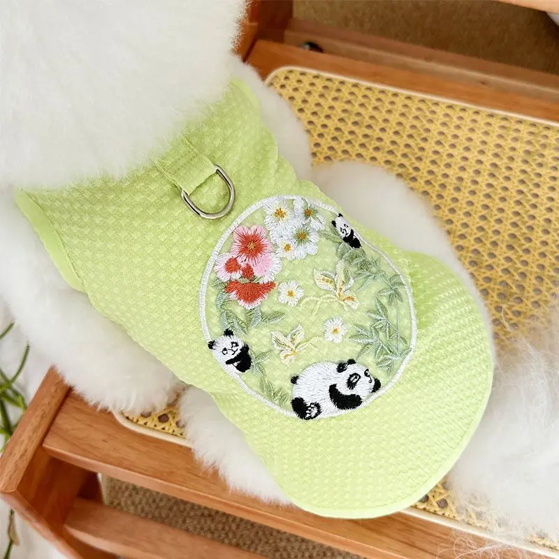 New Chinese Style, Pet Dog Cat Clothes, Teddy Bichon VIP, Traction, Embroidered Panda, Thin Vest, with Hook and Eye Closure