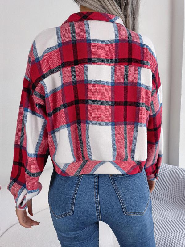 Women's Plaid Print Collared Long Sleeve Button Front Jacket, Jacket for Women, Pocket Design Drop Shoulder Button Up Outerwear, Women's Clothing 5