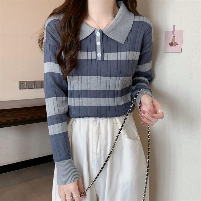Product Introduction of Striped Polo Collar Knitwear for Women 2024 Spring and Autumn New Contrast Color Design Chic Slim Short Long Sleeve Top Womenswear Lingerie Comfort Knitting Collared 7