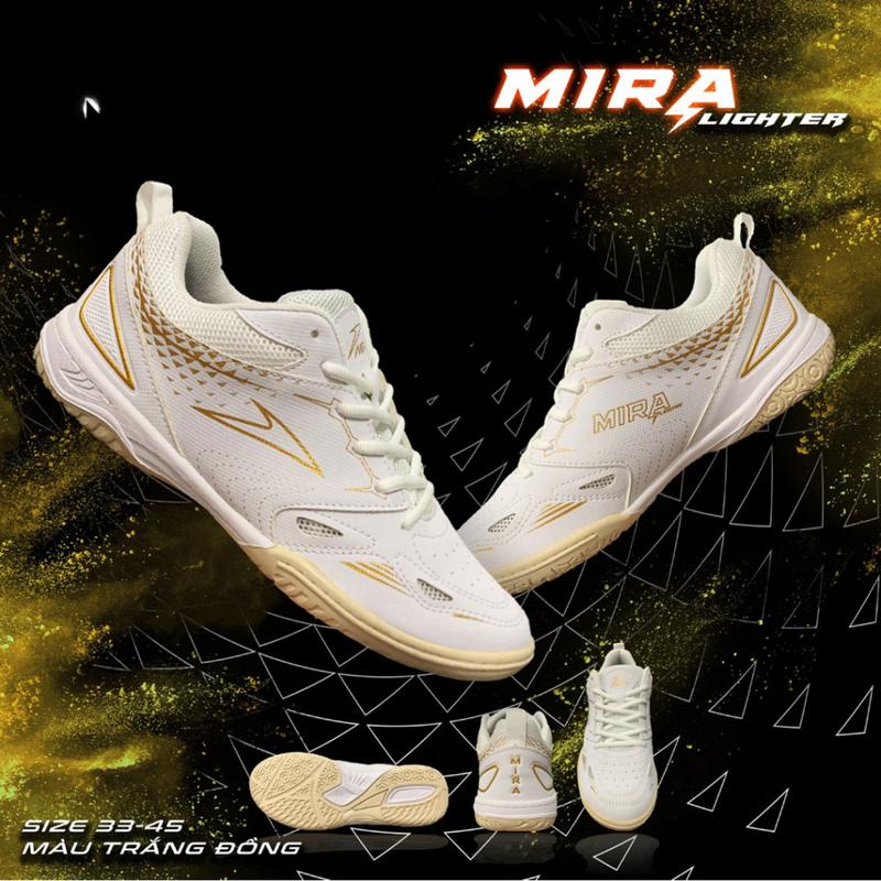 [TIẾN LÊN 1 SIZE] Giày Cầu Lông, Bóng Bàn, Bóng Chuyền Mira Lighter Chính Hãng Mầu Trắng Đồng Da Vân Nổi, Đế Kép Eva Chống Trượt Đế Đã Được Khâu Nam Sneaker Sport