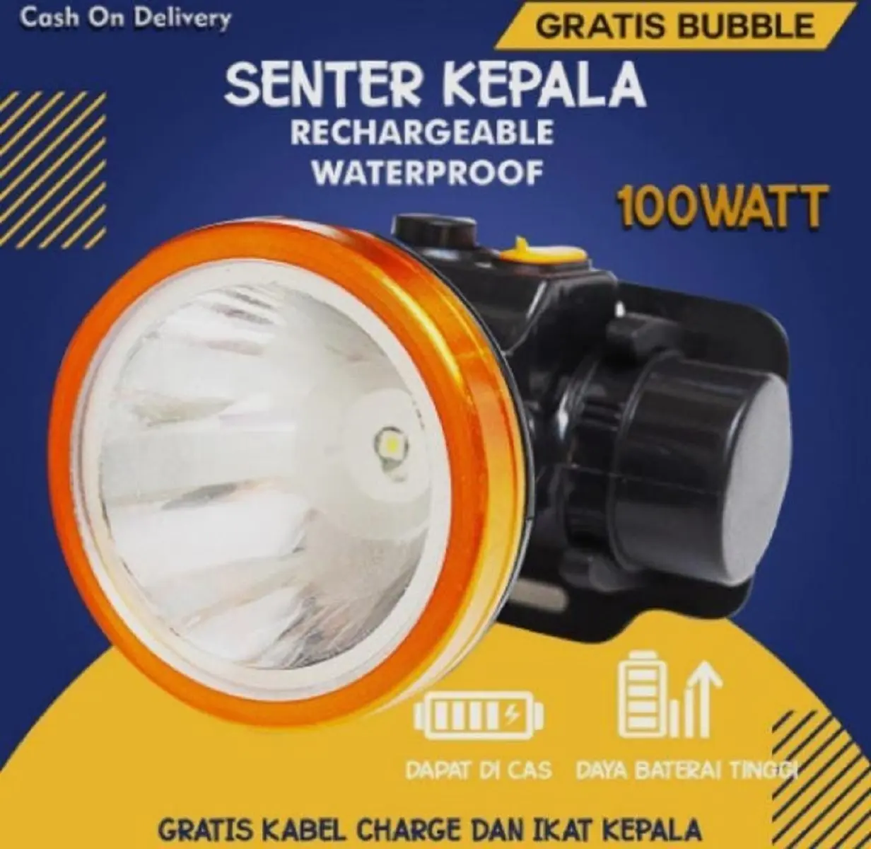 Senter Kepala 100W LED Headlamp Outdoor Anti Air Waterproof Zoom Charger Kotak Kuning Putih Set Baterai