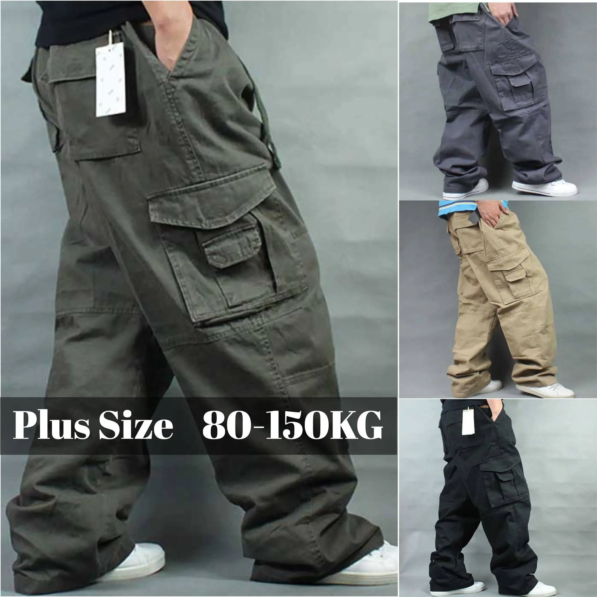 150KG Men Oversized Fashion Wide Leg Cotton Cargo Pants