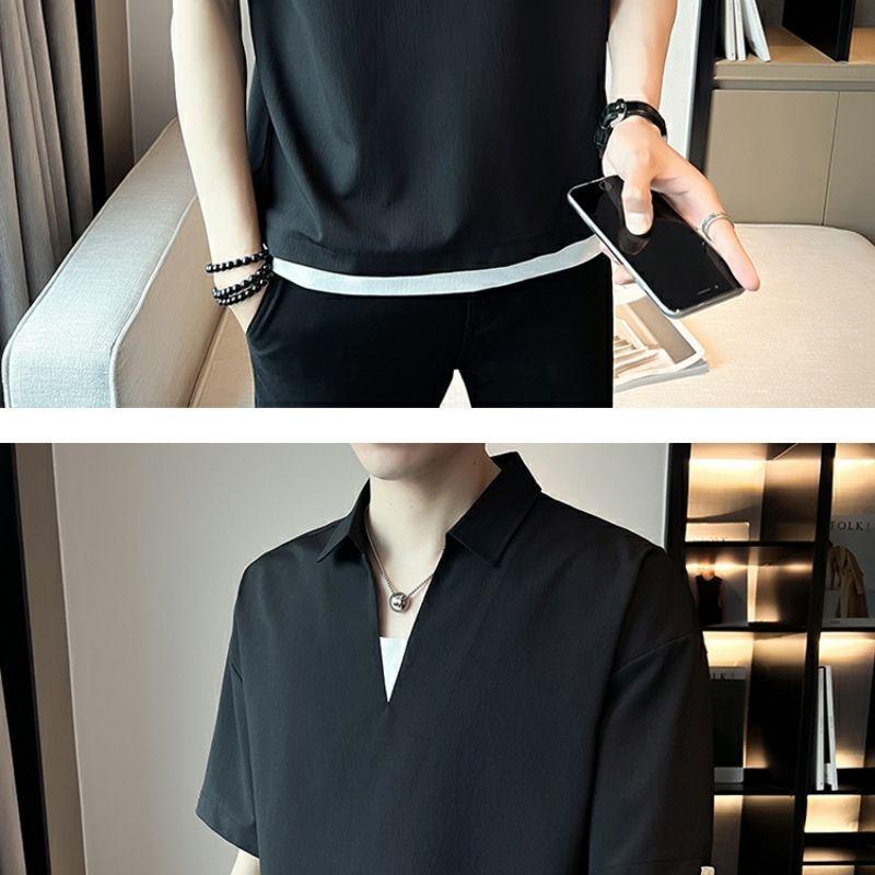 Product Introduction of 2025 Fake Two-Piece V-neck T-shirt Men's Ins Fashion Brand Short Sleeve Polo Shirt Ice Silk Half Sleeve 2023 New Summer Matching Suit 22