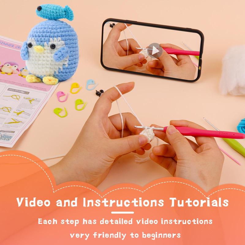 Product Introduction of DIY Penguin Pattern Crochet Kit, 1 Set Cute Animals Crochet Starter Set with Video Tutorials & Crochet Tools, Complete Knitting Kit for Beginners, Valentine's Day Gift, Gift 11