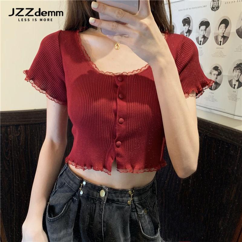 Áo Cardigan Dệt Kim Cổ Vuông Cho Nữ, Áo Ngắn Tay, Trang Trí Ren, Gợi Cảm, Trang Phục Midriff, Mùa Hè Top Trắng Women
