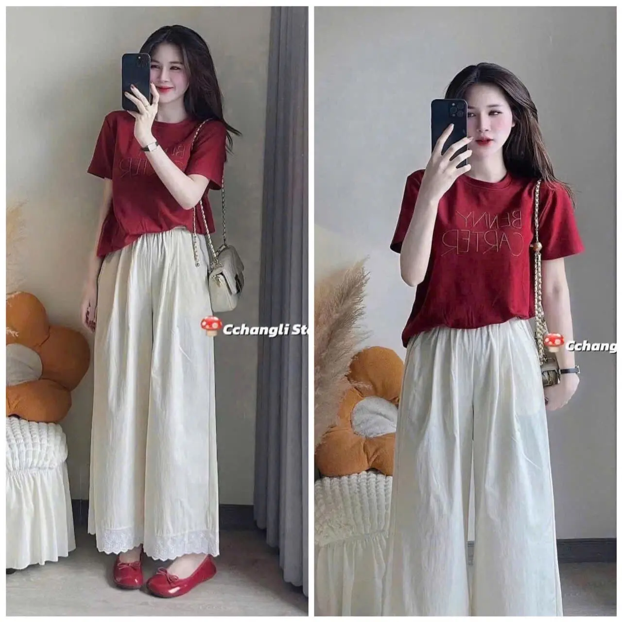 Sét bộ nữ áo thun đỏ cộc tay phối quần suông mix ren màu be phóng cách đơn giản trẻ trung thanh lịch cho nữ - hàng fullsize