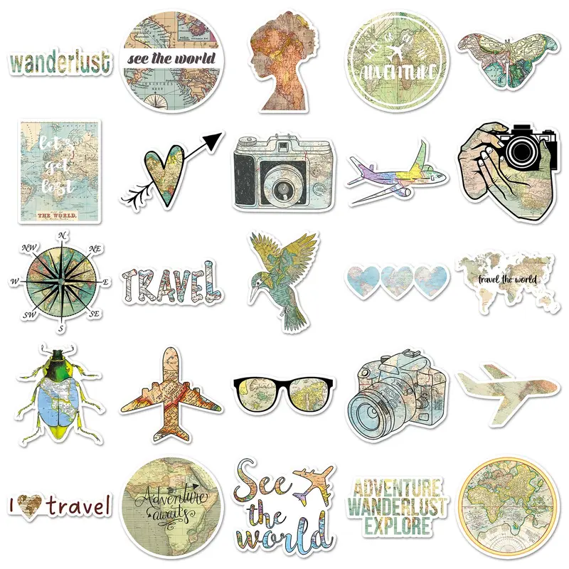 Travel Themed Car Sticker, 50pcs/set Waterproof Self Adhesive Decor Paper, Decor Sticker for Car, Gift Greeting Card, Water Bottle, Laptop & Phone 3