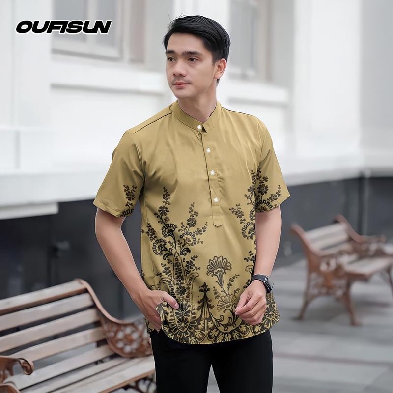 Product Introduction of Koko Kurta Shirt Raya 2025 Ramadan Festival Batik Men's Top Slim Fit 3D Printed Pattern Stand Collar Short Sleeve Henry Shirt Men's Formal Shirt 7