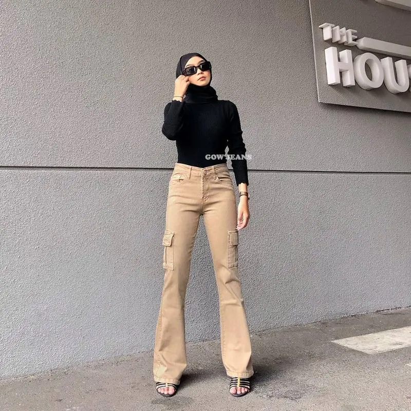 celana jeans cutbray cargo wanita Highwaist Stretch Kekinian Style Korean Panjang Cewek celana jeans Bawahan Kantong Light Abu Hitam Samping Dark Loose Grey