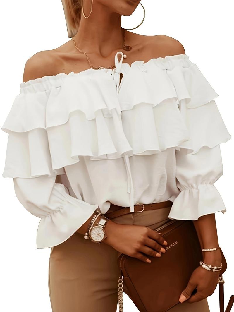 Product Introduction of Women's Plain Frill Trim Tie Front Off Shoulder Blouse, Elegant Ruffle Trim Flounce Sleeve Tiered Layer Top for Spring & Fall, Ladies Clothes for Daily Wear 4