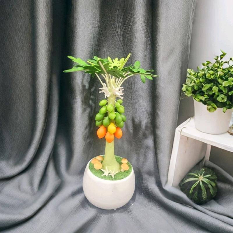 Chậu đu đủ đất sét siêu trái để bàn thần tài, bàn làm việc, kệ tủ - Hoa đất sét thủ công độc đáo 2