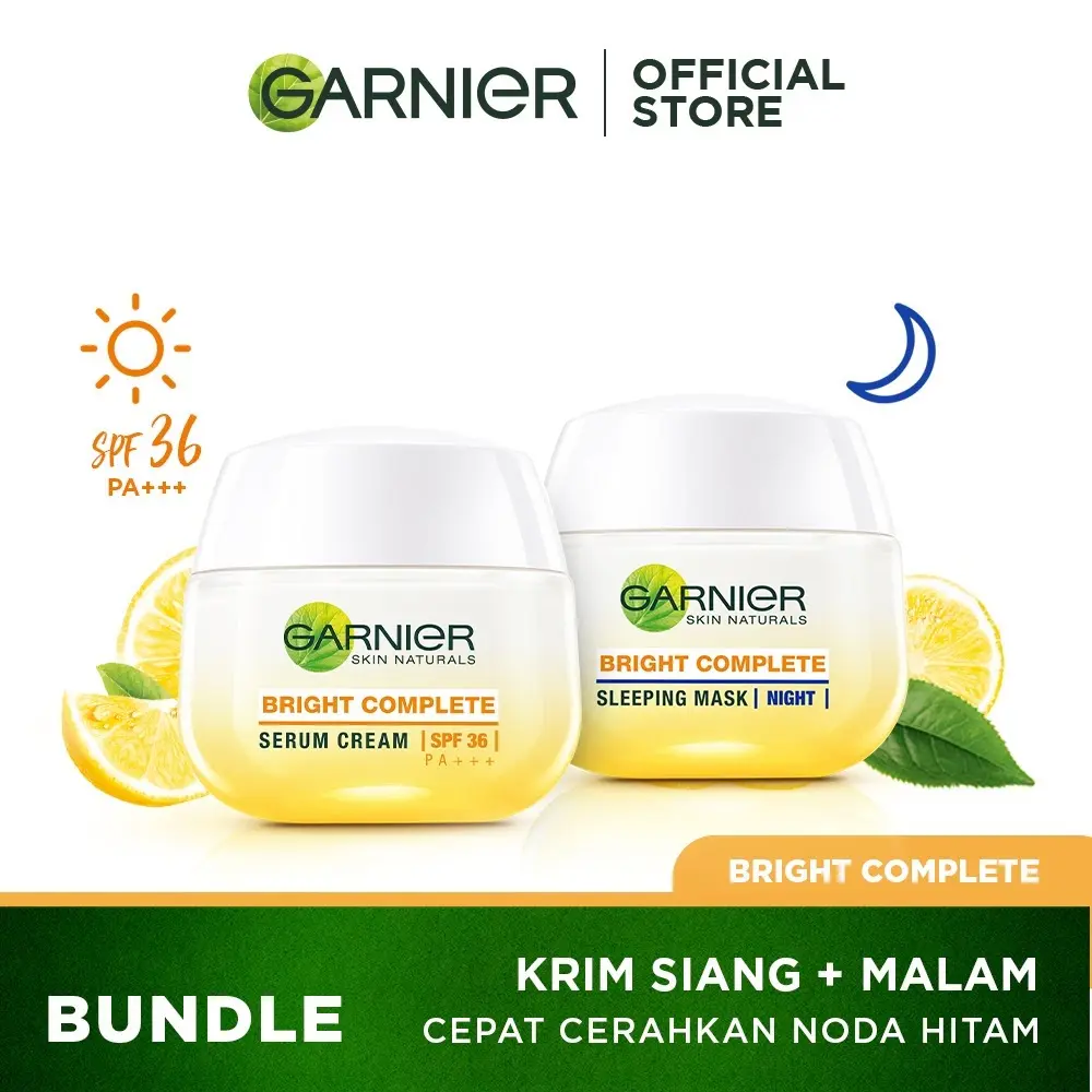 Paket Skincare Garnier Bright Complete Vitamin C Simple Set - Krim Pagi & Krim Malam Mencerahkan (Day Cream 50 ml + Night Cream 50 ml) Pencerah Pelembab Wajah Moisturizer Ceramide