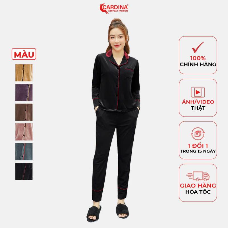  Đồ Bộ Nữ  Pijama CARDINA Chất Nhung Tăm Cao Cấp Áo Dài Tay Phối Cổ Quần Dài Kiểu Dáng Sang Trọng 1Pi22 Áo Ngủ Kaki 