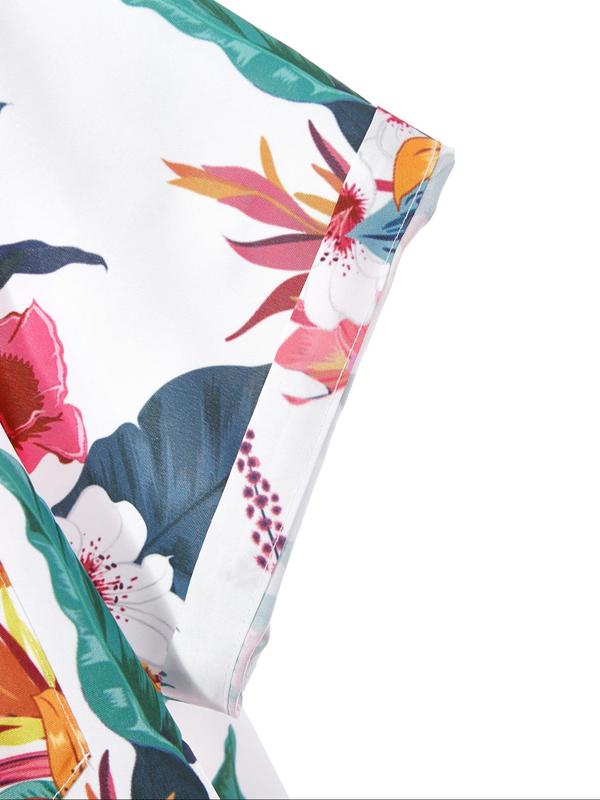Men's Regular Fit Floral Leaf Print Pocket Button Front Shirt, Tropical Print Short Sleeve Collar Shirt, Boho Casual Men's Top for Summer Beach Vacation 7