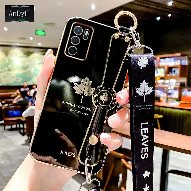 AnDyH Wristband Maple leaf pattern Phone Case For OPPO A16 2021 casing , popular Straight edge Electroplating cases with Free lanyard