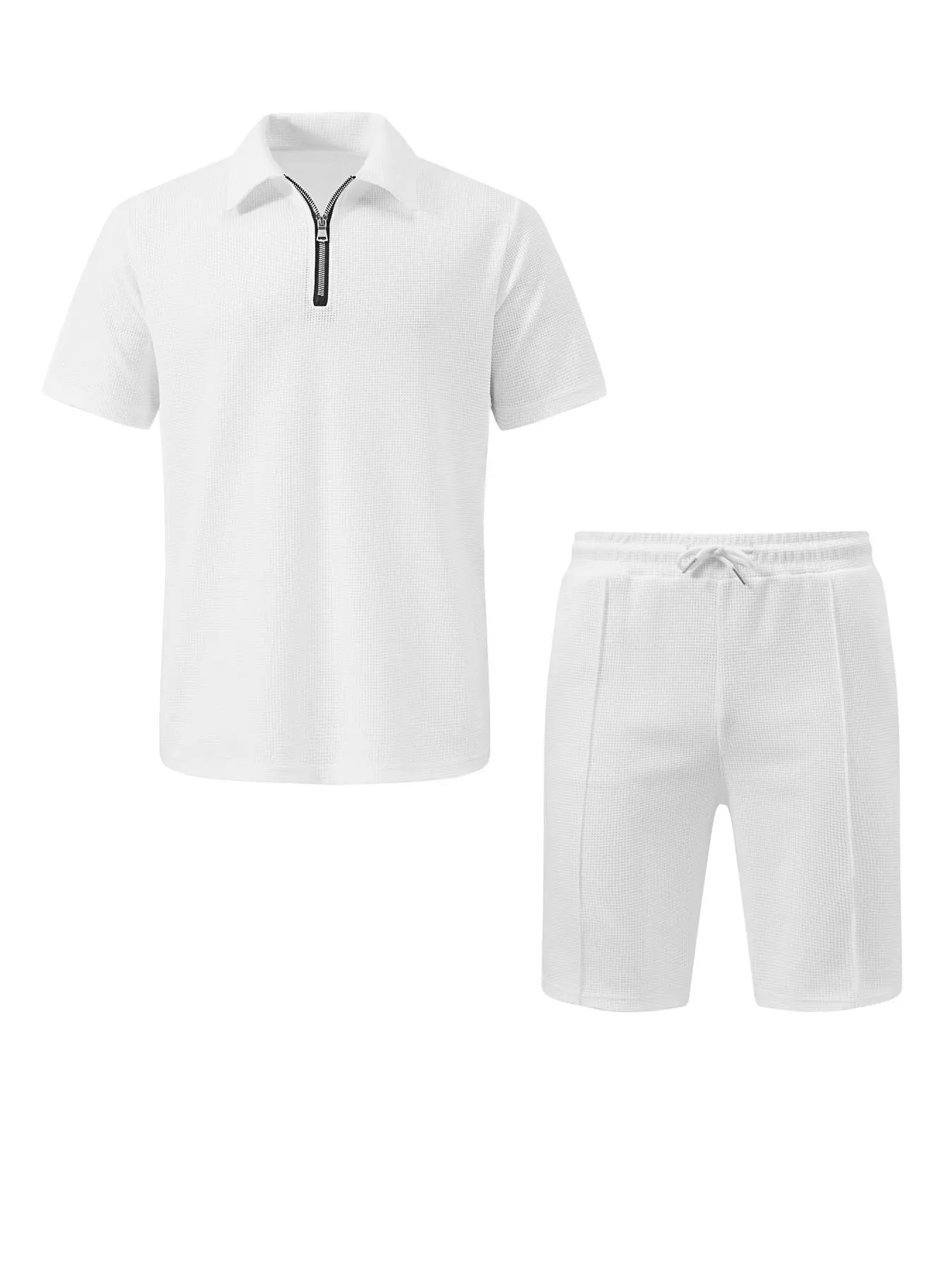 Men's Solid Color Waffle Knit Short Sleeve Shirt & Shorts Two-piece Set, Regular Fit Casual Fashion Cozy Breathable Men Two-piece Outfits for Summer
