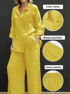 Conjunto de camisa de color sólido y pantalones de pierna ancha para mujer, atuendos casuales y cómodos de dos piezas para uso diario y al aire libre, ropa de mujer para primavera y otoño