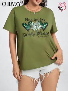 CURVZY Plus Size Heart & Letter Print Round Neck Tee, Casual Short Sleeve Crew Neck T-shirt for Summer, Women's Clothing for Daily Wear, Top