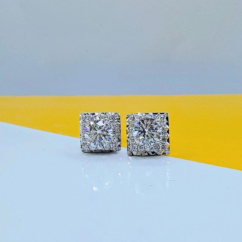 Bông tai vuông Bt0700 viền chạm máy chốt đẩy xi kim   Hoa Tai Nữ Women Khuyên Tai