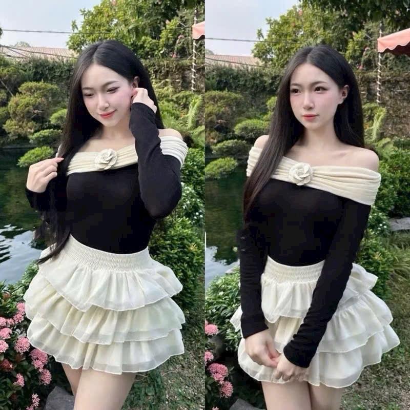 Sét Áo Trễ Vai Thun Nhũ Kèm Hoa Mix Chân Váy Thô Phối Tơ 3 Tầng ( Chân Váy Có Lót Cạp Chun ) 0