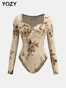 YOZY Women's Floral Print Sweetheart Neck Bodysuit, Casual Comfy Long Sleeve Bodysuit for Daily Wear, Ladies Clothes for All Seasons