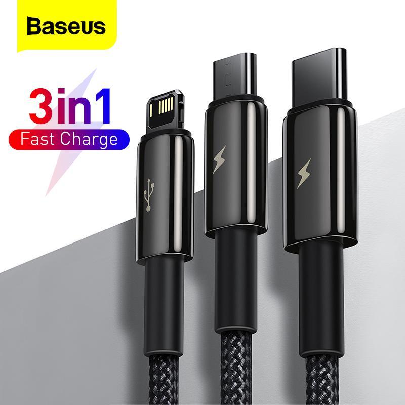 Cáp USB to C 3 Trong 1 Baseus, Cáp Điện Thoại Di Động Android Cho iPhone 12 Pro Max Samsung Micro USB Dây Cáp Dữ Liệu Cho Huawei Xiaomi USB C Phụ Kiện Sạc Điện Thoại
