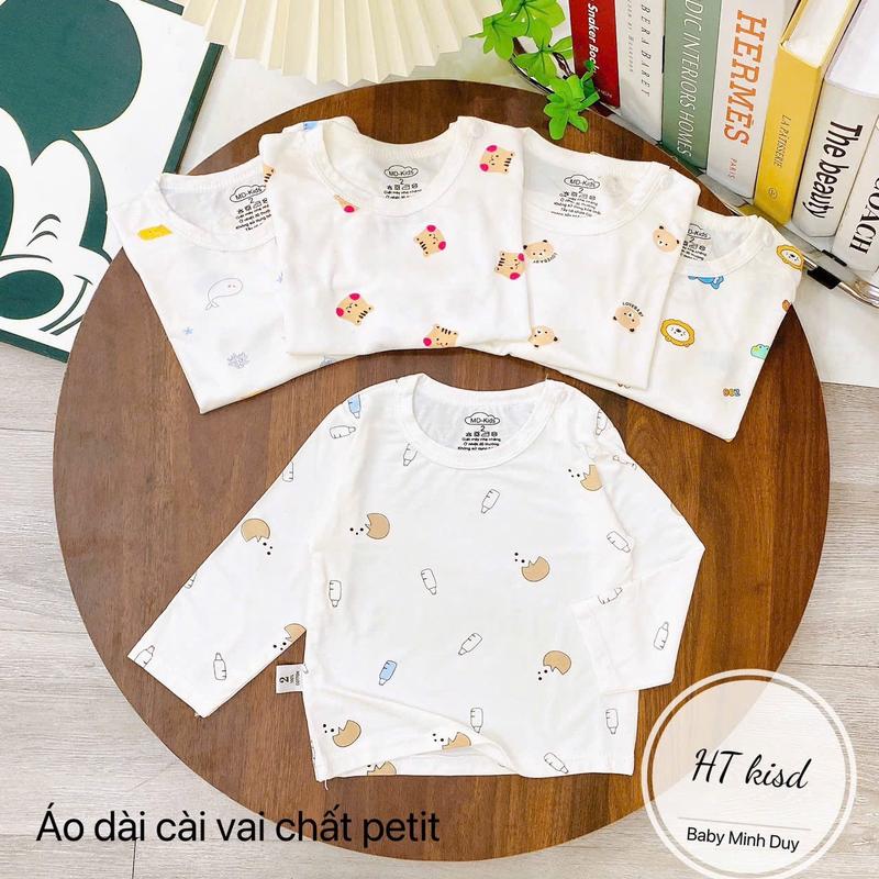 Sét 5 Áo Dài Thun Lạnh Petit Cài Vai Hoạ Tiết Trắng/ Màu Mềm Mát Cho Bé 4-14kg (giao họ tiết ngẫu nhiên và hoan tiết có thể thay đổi theo từng đợt)