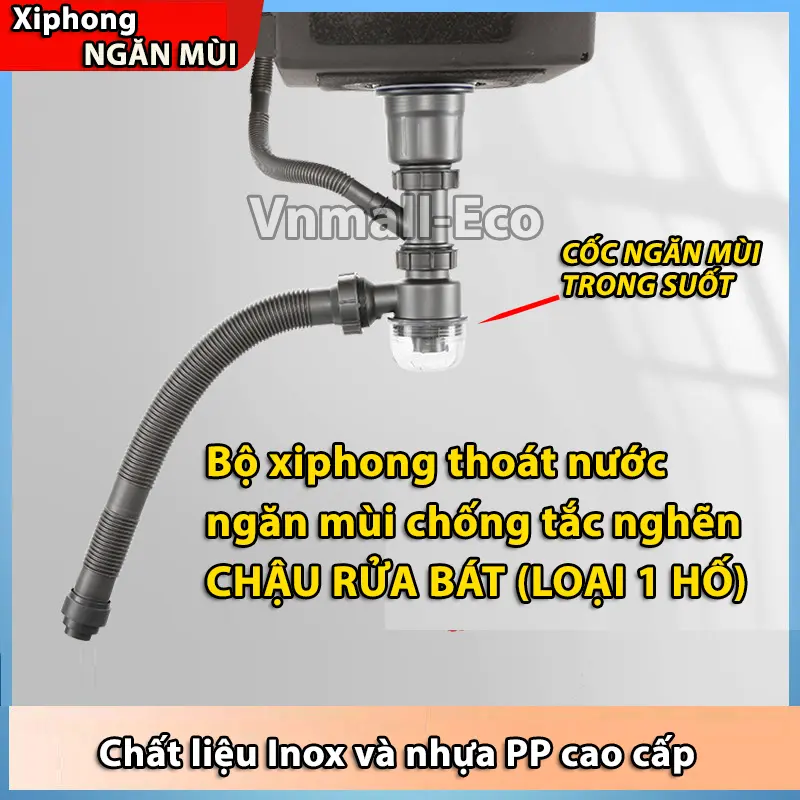 Bộ xiphong thoát nước ngăn mùi bồn rửa bát 1 hố
