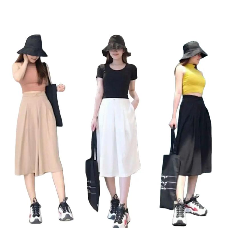 Quần ống rộng quần đũi lửng giả váy xếp 2 ly lưng cao - khuy cúc 2 túi - Vải đũi xước lỡ ngố Nữ Ong Women Pants Kem Đen