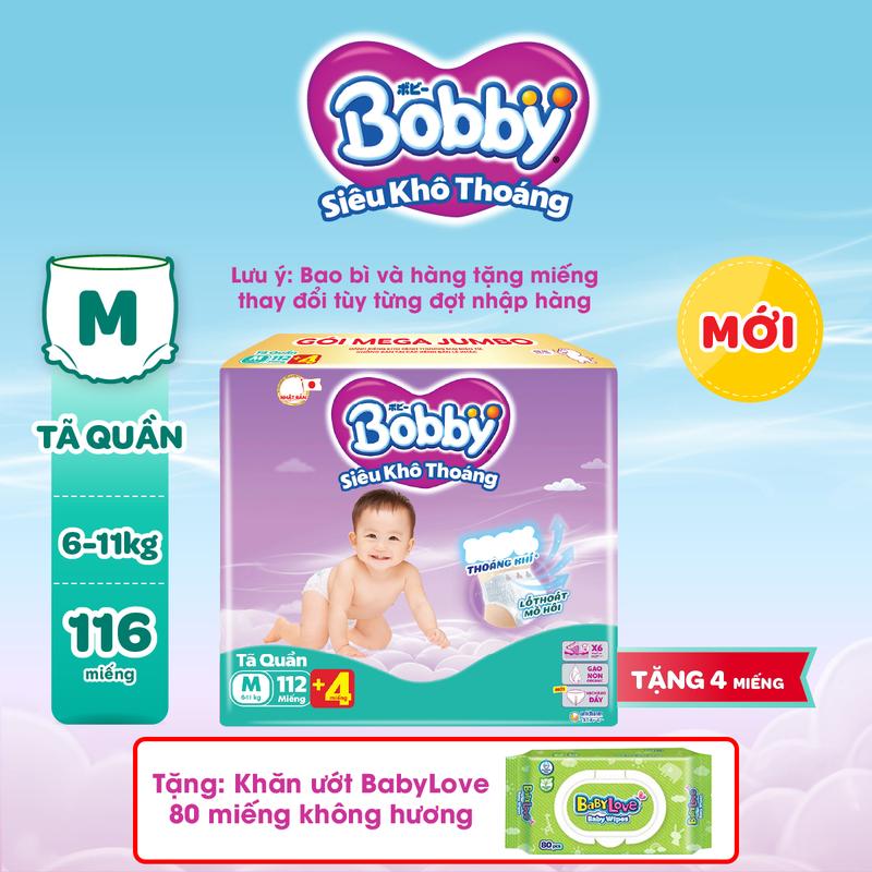[TẶNG KHĂN ƯỚT BABYLOVE 80M] Bobby Tã/bỉm quần siêu khô thoáng M112/L96/XL84/XXL76 (tặng miếng ngẫu nhiên)
