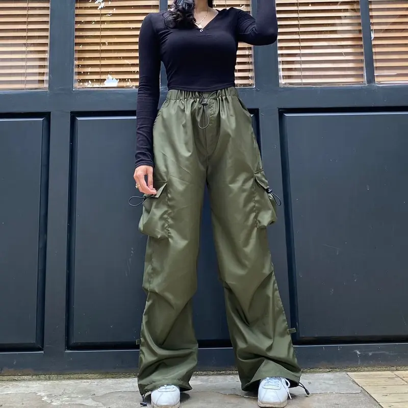 AIGO - celana cargo parasut panjang streetwear unisex Santai Karet Serut Wanita Kulot Jogger 7