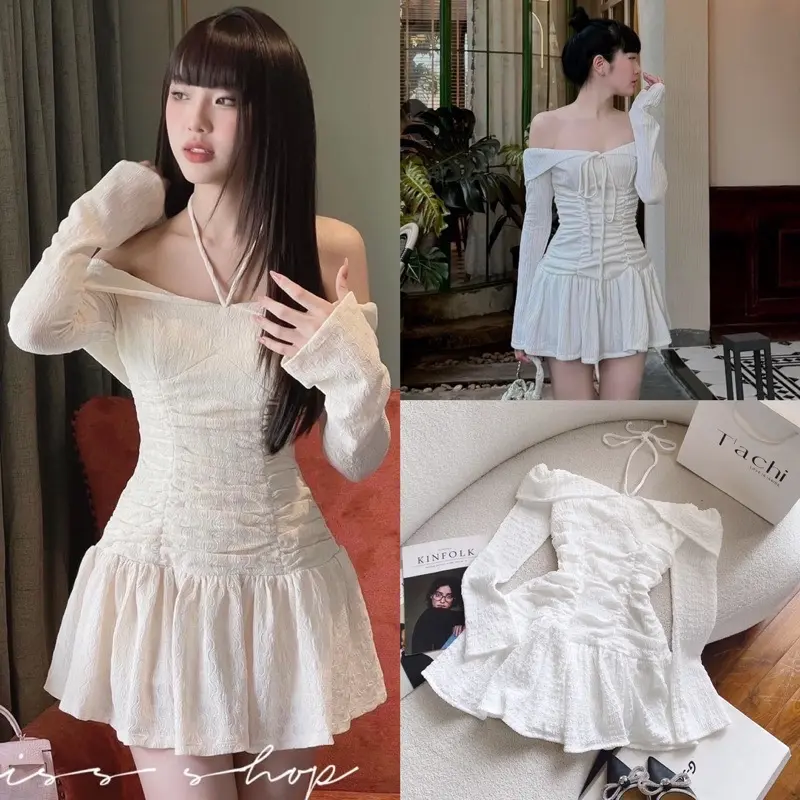 Đầm trễ vai tay dài loe nhẹ from ngắn xoè 2 lớp có quần đi tiệc đi chơi Kho Sỉ Hải Chuyền V10