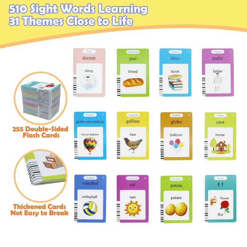 Bilingual Talking Flash Card, 510 Words Spanish & English Bilingual Talking Flash Card, Animal Sensory Speech Audible Toys, Bilingual Flash Cards Gifts for Kids 2