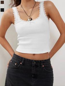 Women's Plain Lace Trim   Tank Top, Casual Sleeveless  Top for Daily Wear, Ladies Clothes for All Seasons