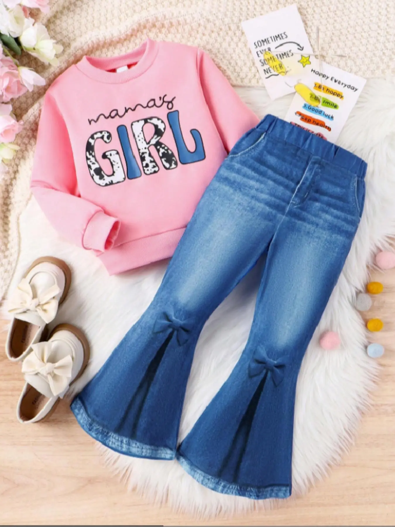 Two-piece Set Girl's Letter Print Sweatshirt & Denim-Effect Print Flare Leg Pants Set, Casual Round Neck Long Sleeve Pullover & Bell Bottom Trousers for Spring & Fall, Kids Clothes for Daily Wear
