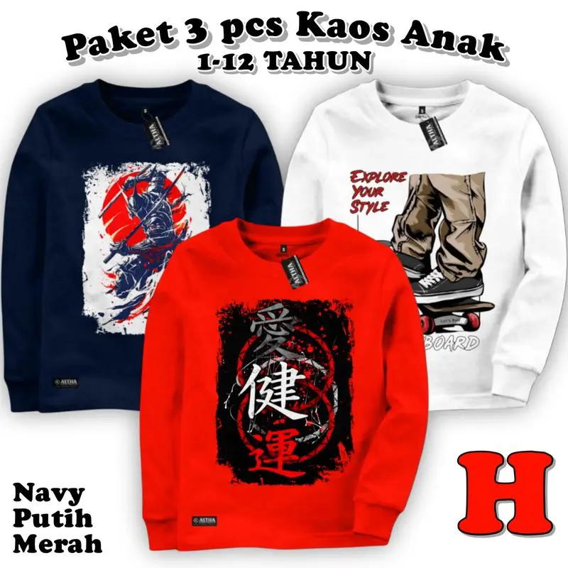 PAKET HEMAT 3 PCS KAOS LENGAN PANJANG ANAK ALTHA KAOS DISTRO ANAK LAKI LAKI 1-12 TAHUN (COD)