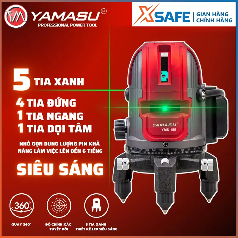 Máy cân bằng Laser 5 tia xanh siêu sáng YMS-155 YAMASU, máy cân mực kèm chân 0